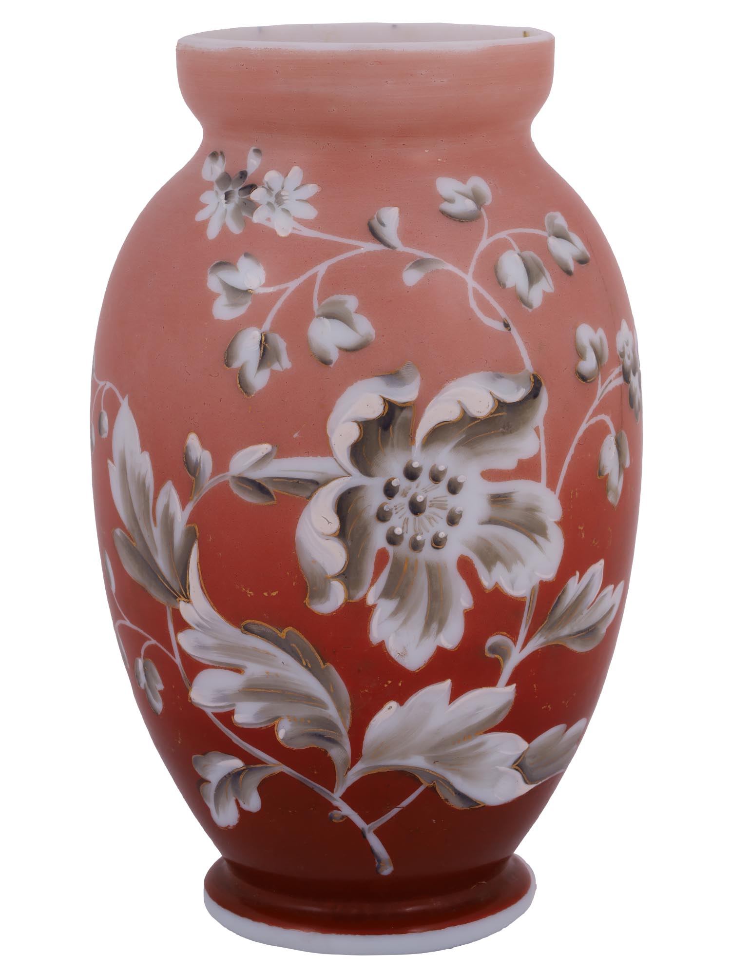 ANTIQUE FLORAL HAND PAINTED OPALINE GLASS VASE PIC-0